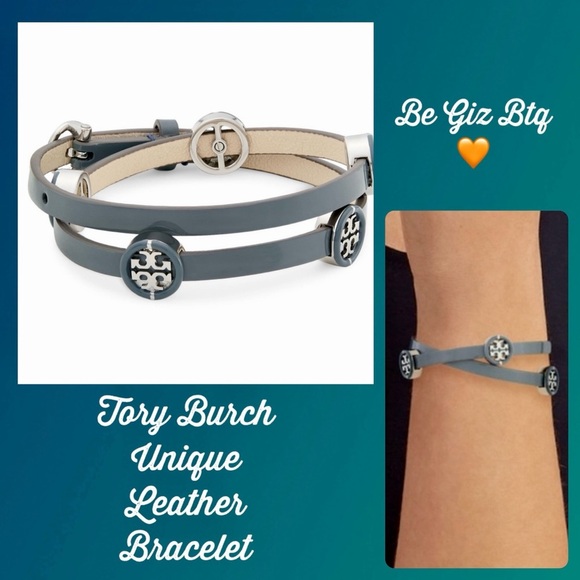 🆕Tory Burch Authentic Miller Silver & Leather Blue Enamel Double Wrap Bracelet - Picture 3 of 13
